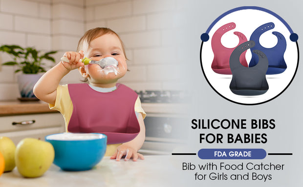 QT BABY Single Silicone Bibs for Babies & Toddlers (4-72 Months), Adjustable Soft Fit Waterproof Bib with Food Catcher for Boys, Girls & Infants, FDA Grade Silicone Bib, Easy Wipe Clean (Dusty Pink) - QT BABY Products