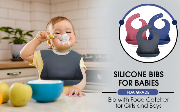 QT BABY Single Silicone Bibs for Babies & Toddlers (4-72 Months), Adjustable Soft Fit Waterproof Bib with Food Catcher for Boys, Girls and Infants, FDA Grade Silicone Bib, Easy Wipe Clean (Dusty Grey) - QT BABY Products