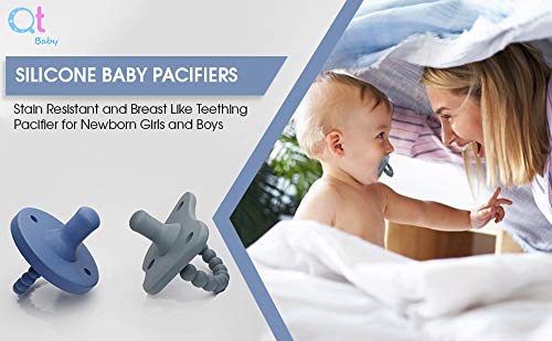 QT BABY Silicone Baby Pacifiers (2 Pack), Stain Resistant and Breast Like Teething Pacifier for Newborn Girls and Boys (Blue and Dusty Grey) - QT BABY Products