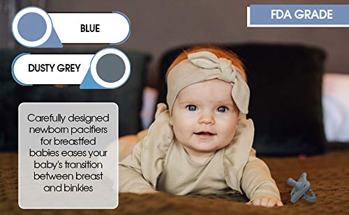 QT BABY Silicone Baby Pacifiers (2 Pack), Stain Resistant and Breast Like Teething Pacifier for Newborn Girls and Boys (Blue and Dusty Grey) - QT BABY Products