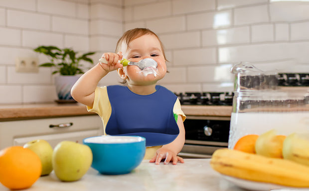 QT BABY Single Silicone Bibs for Babies & Toddlers (4-72 Months), Adjustable Soft Fit Waterproof Bib with Food Catcher for Boys, Girls & Infants, FDA Grade Silicone Bib, Easy Wipe Clean (Dusty Blue) - QT BABY Products